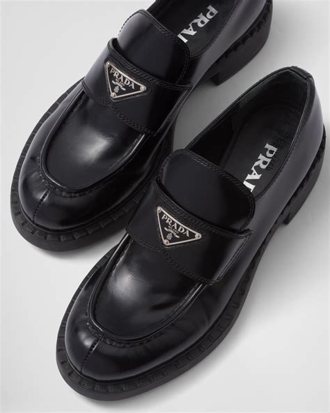 prada patent leather logo loafers|Prada brushed leather loafers women's.